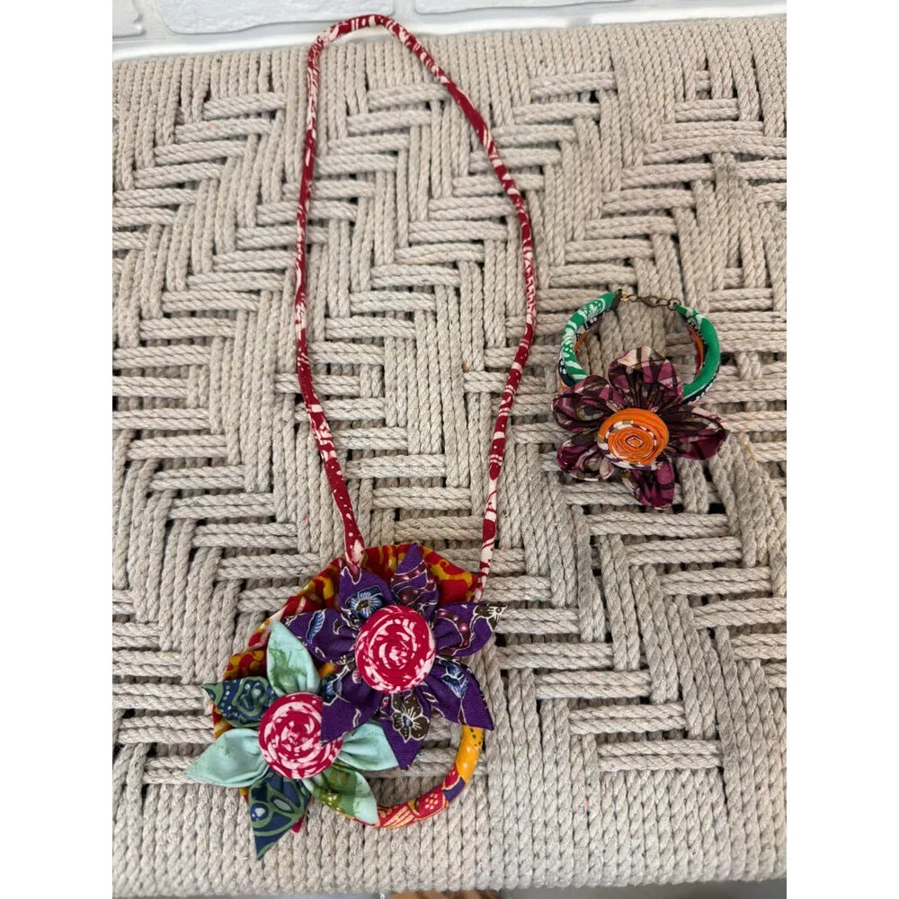 Handmade Fabric Flower Necklace & Bracelet Set Multi Sari Print Boho